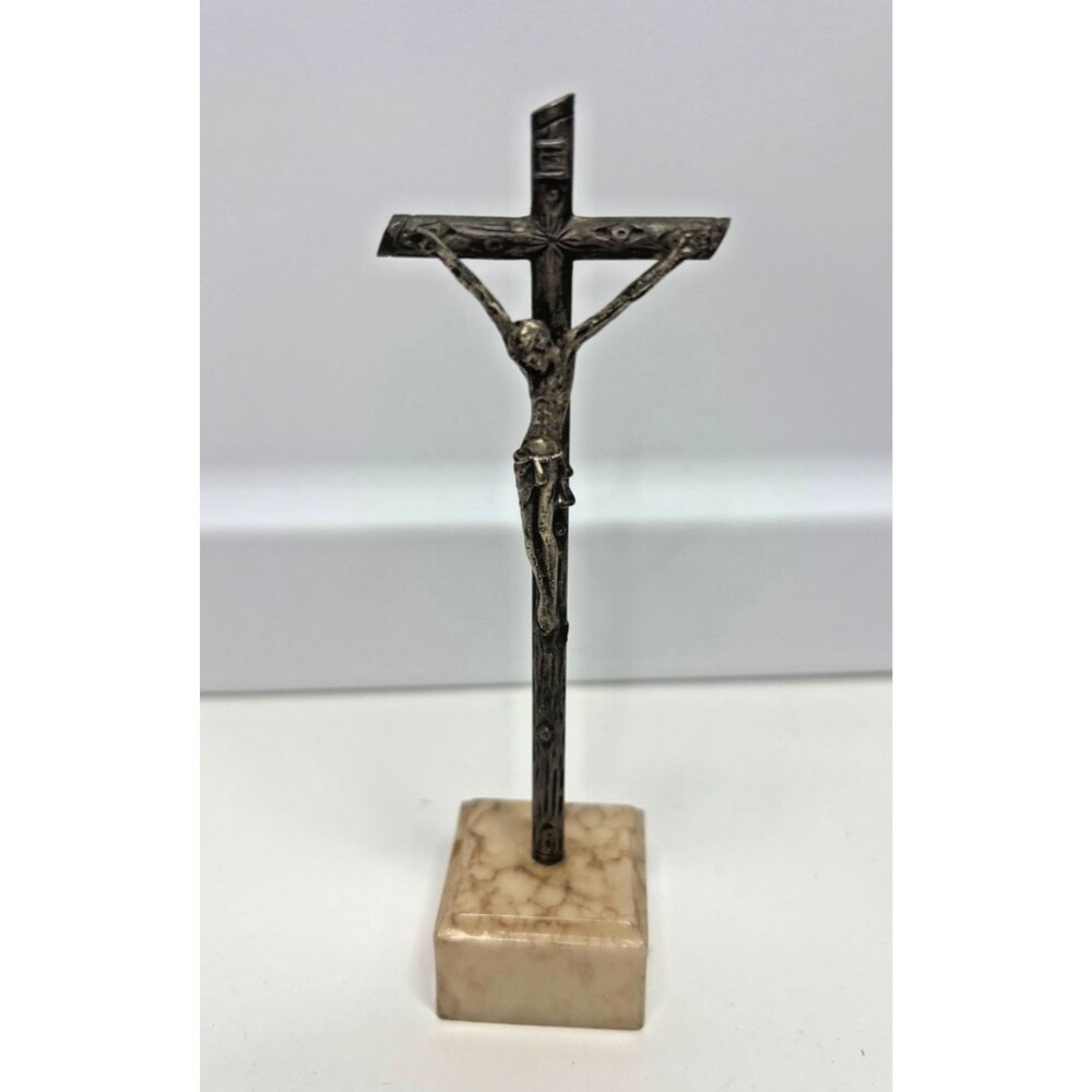 vintage 5" Standing Crucifix With faux Onyx Base INRI